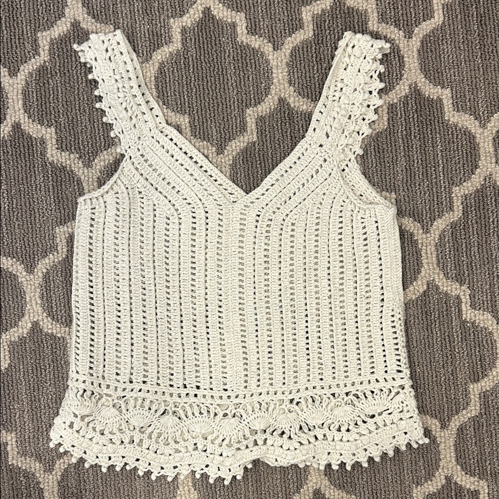 Autumn Cashmere Cream Crochet Tank with Lace Hem